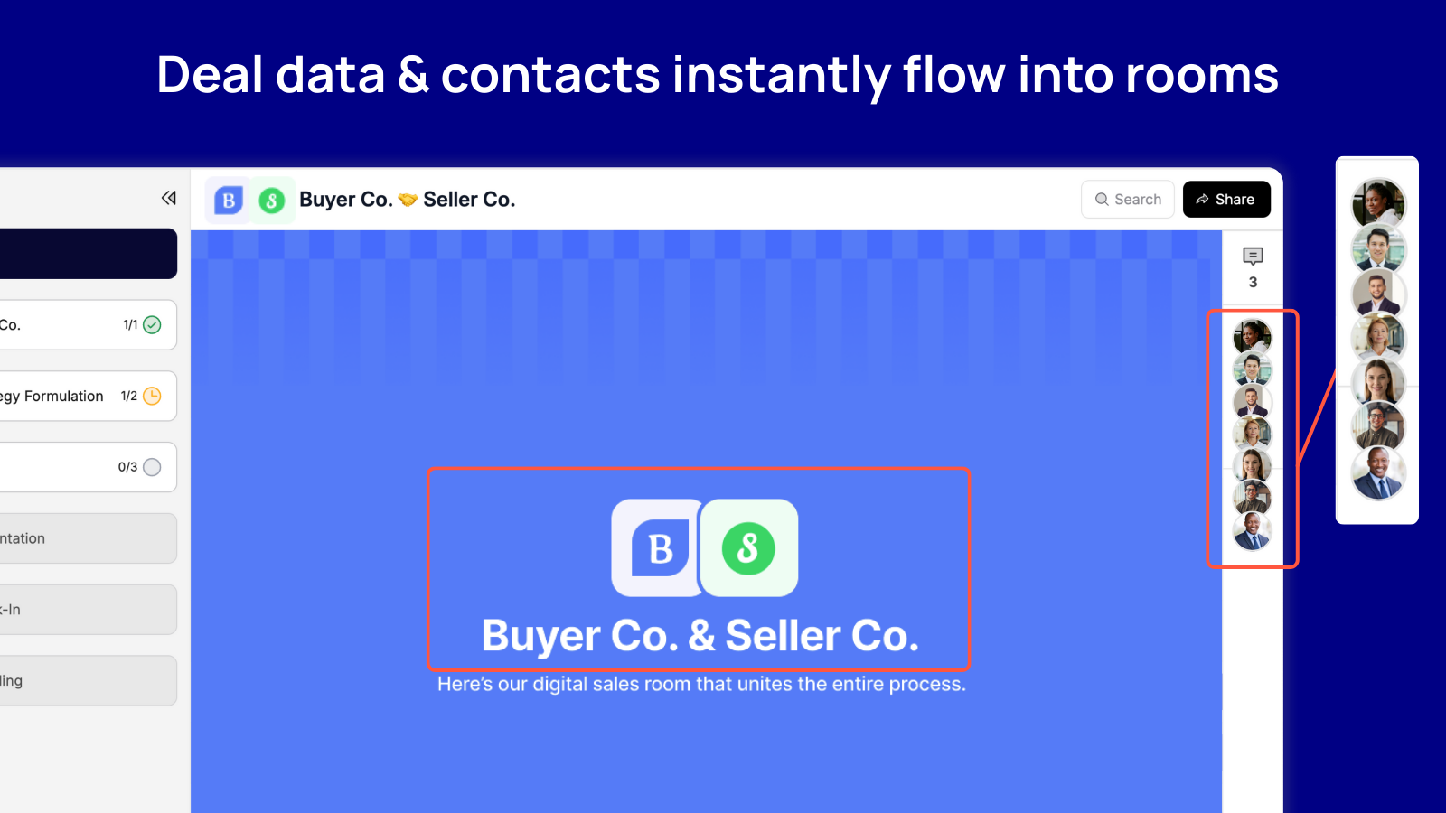 Deal data & contacts instantly flow into rooms